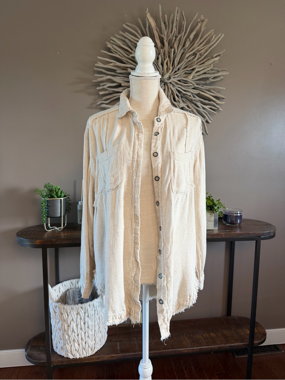 143 Story Boho-Chic Oatmeal Button Down Top Raw Hem